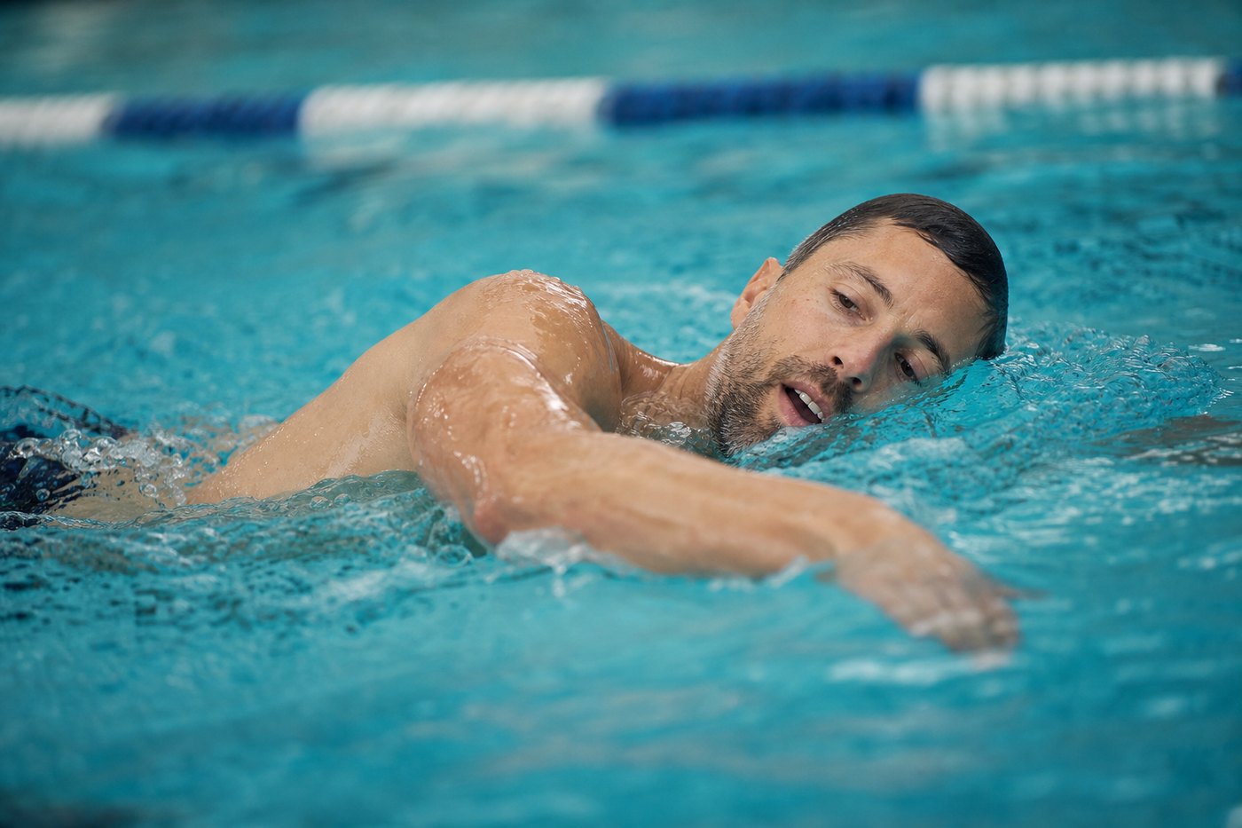 An adult practising freestyle side-breathing in a lap pool