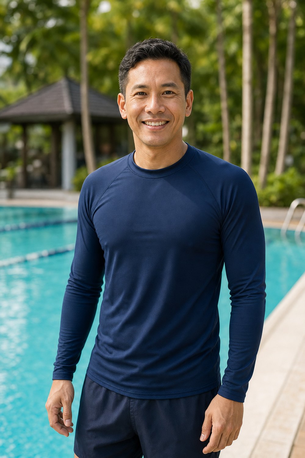 A swimming coach at the poolside