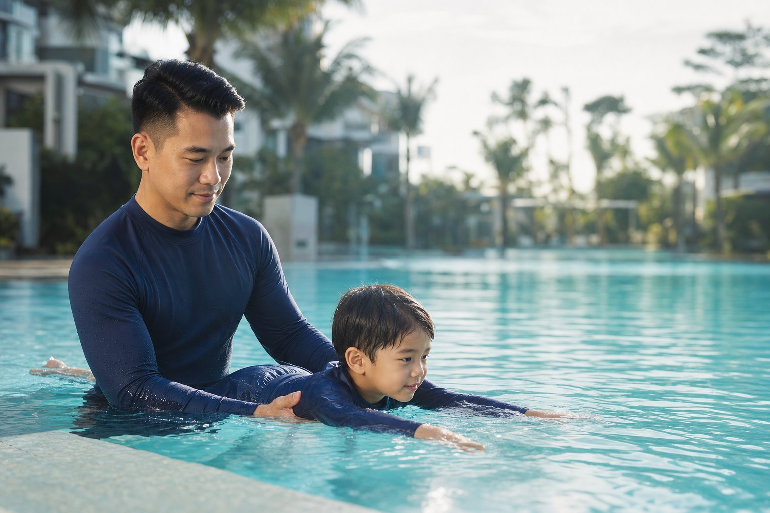 A swimming coach supporting a young child learning to glide in a pool